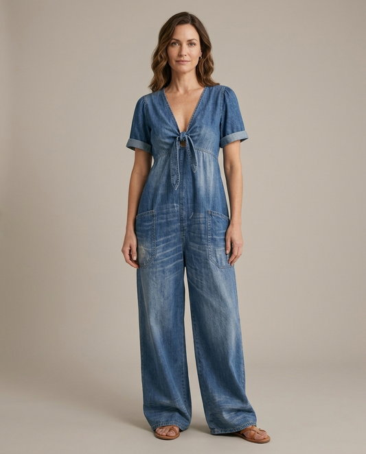 Lola | Enterizo Azul Cuello en V de Pierna Ancha